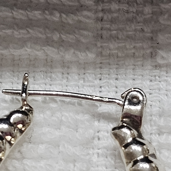 Vintage Chunky Ribbed Silver Oval Shrimp Hoop Earrings 925 - Picture 8 of 9